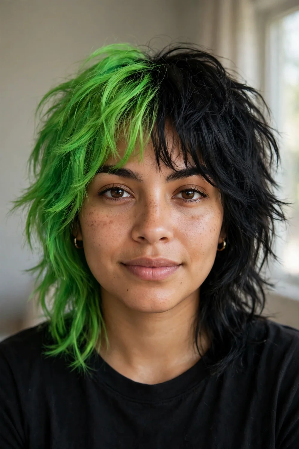 Half-and-half dual tone wolf cut, neon green and black, on medium hair