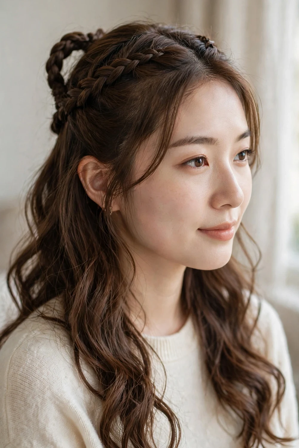 Half-up braid crown with the rest of the hair flowing loose