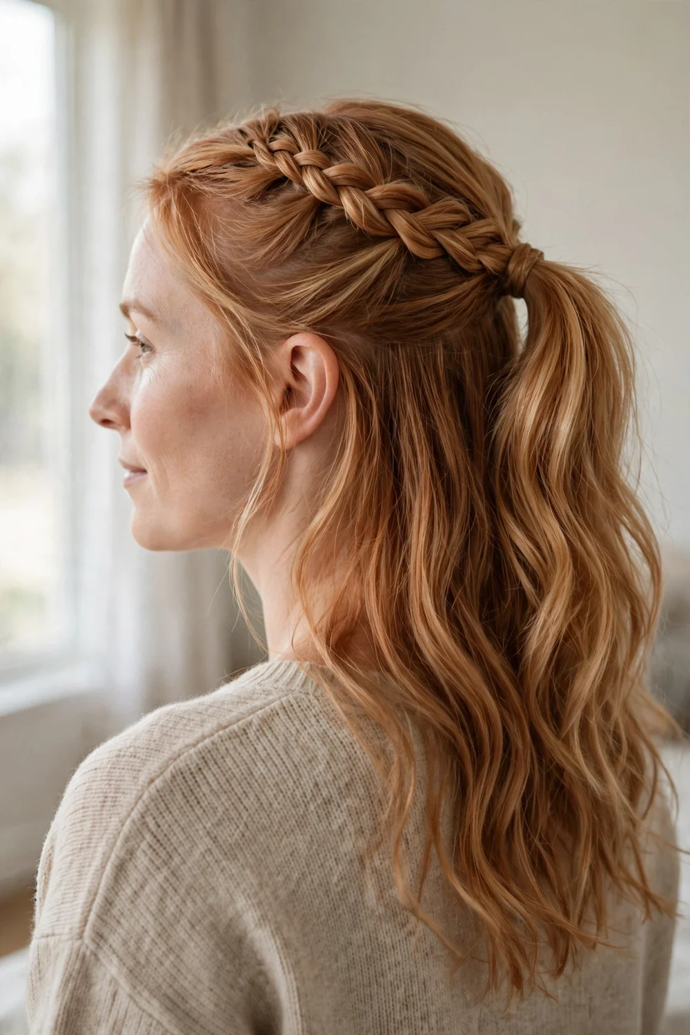Woman with strawberry blonde medium-length hair in a half-up braided ponytail