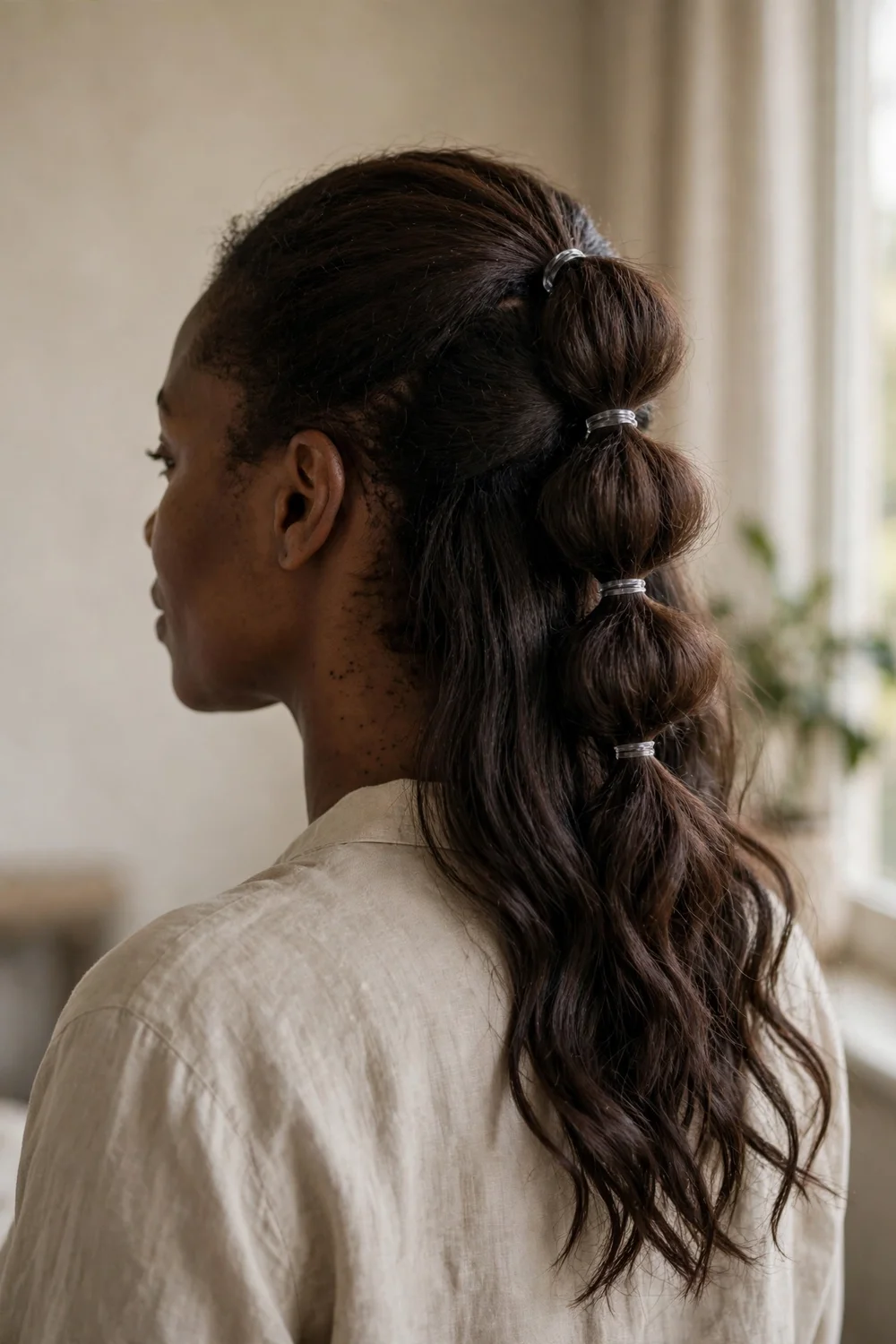 Woman with dark brown medium-length hair in a half-up bubble braid