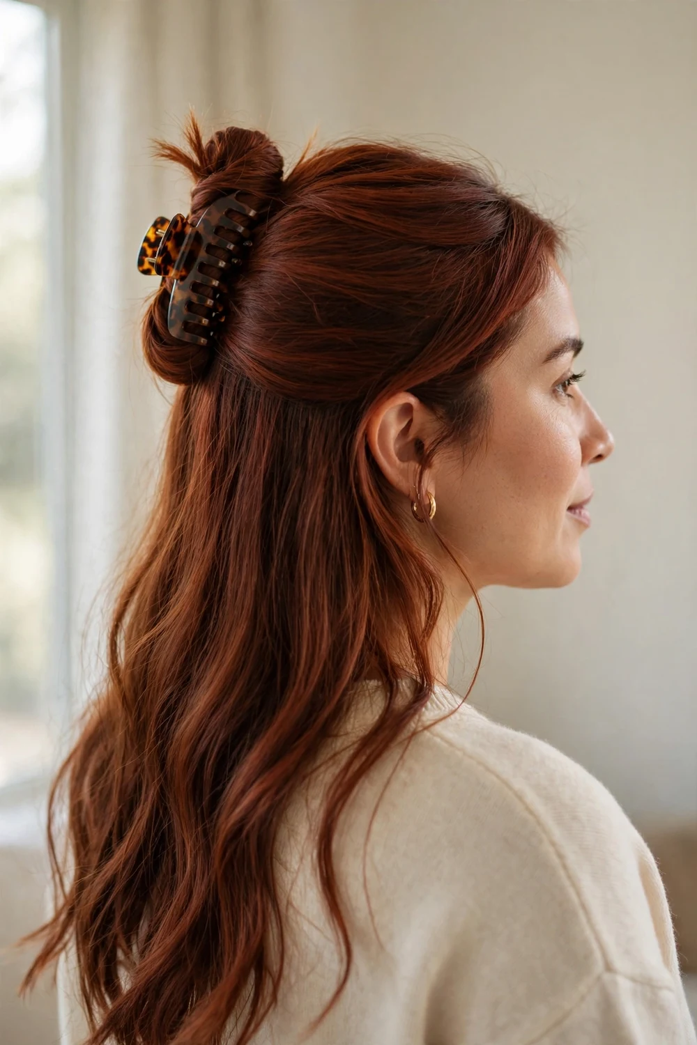 Woman with auburn long hair in a half-up bun secured with a medium tortoiseshell claw clip