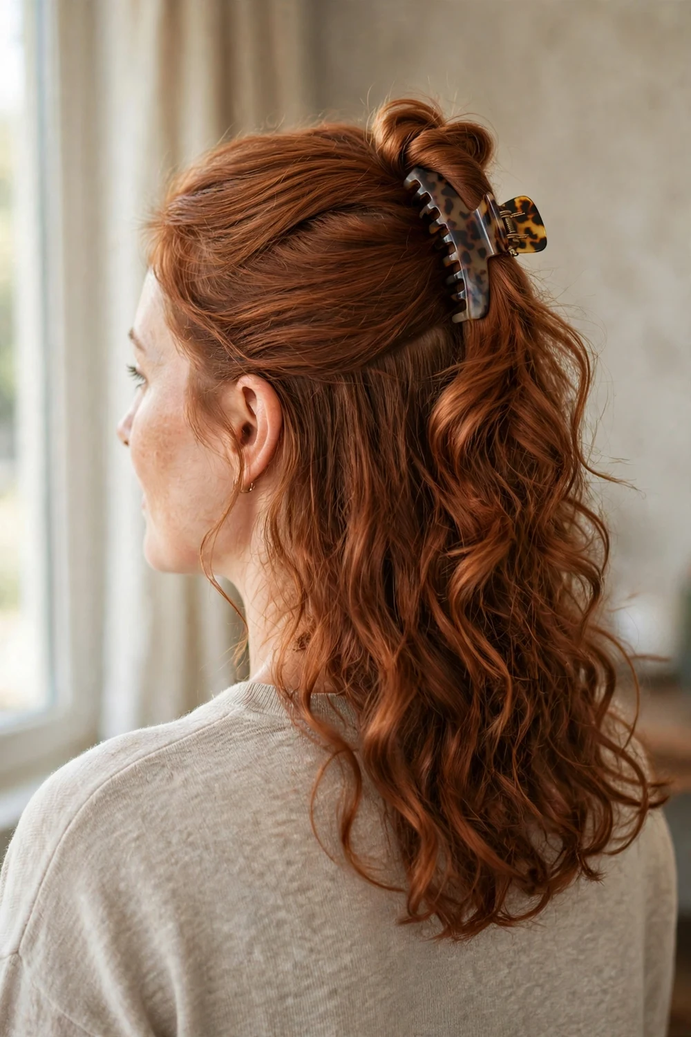 Woman with copper medium hair in a half-up claw clip with loose curls