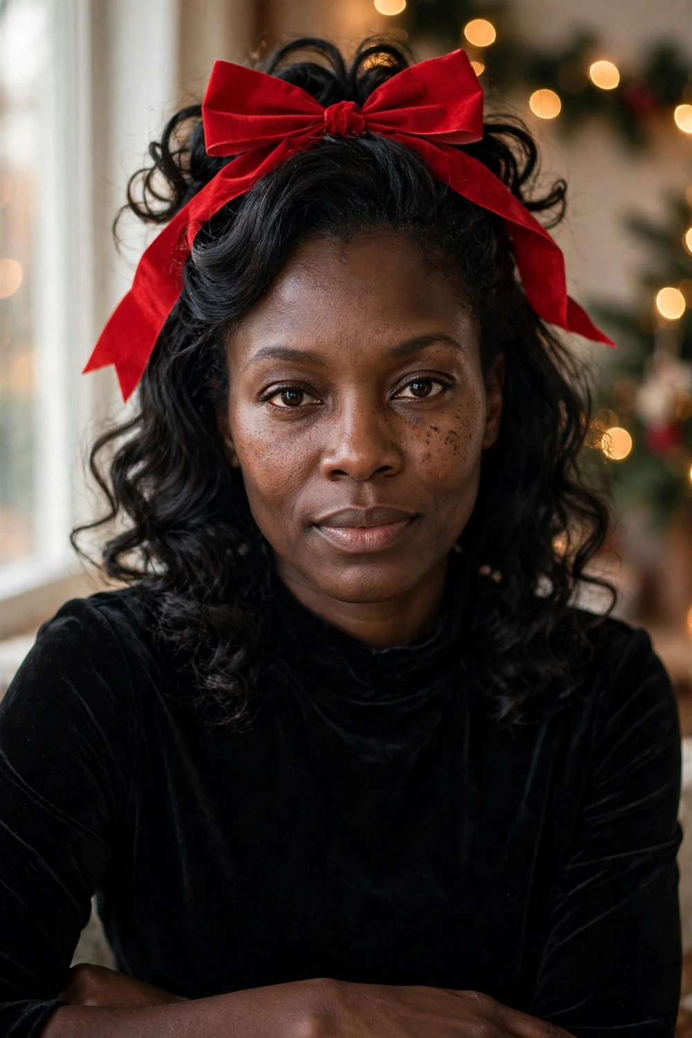 Woman with half-up curled hair and oversized red holiday bow