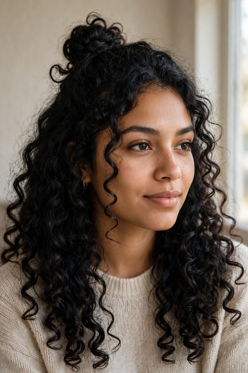 Woman with a half-up curly bun on thick hair