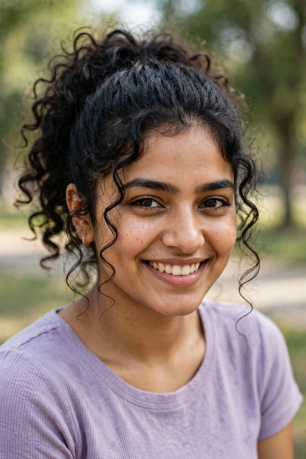 Woman with an oval face wearing a half-up curly ponytail with loose face-framing tendrils