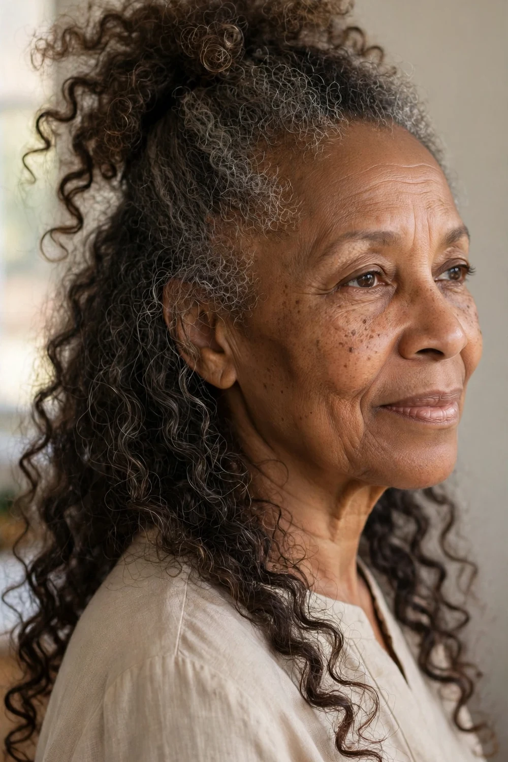 Older Black woman with a half-up curly puff
