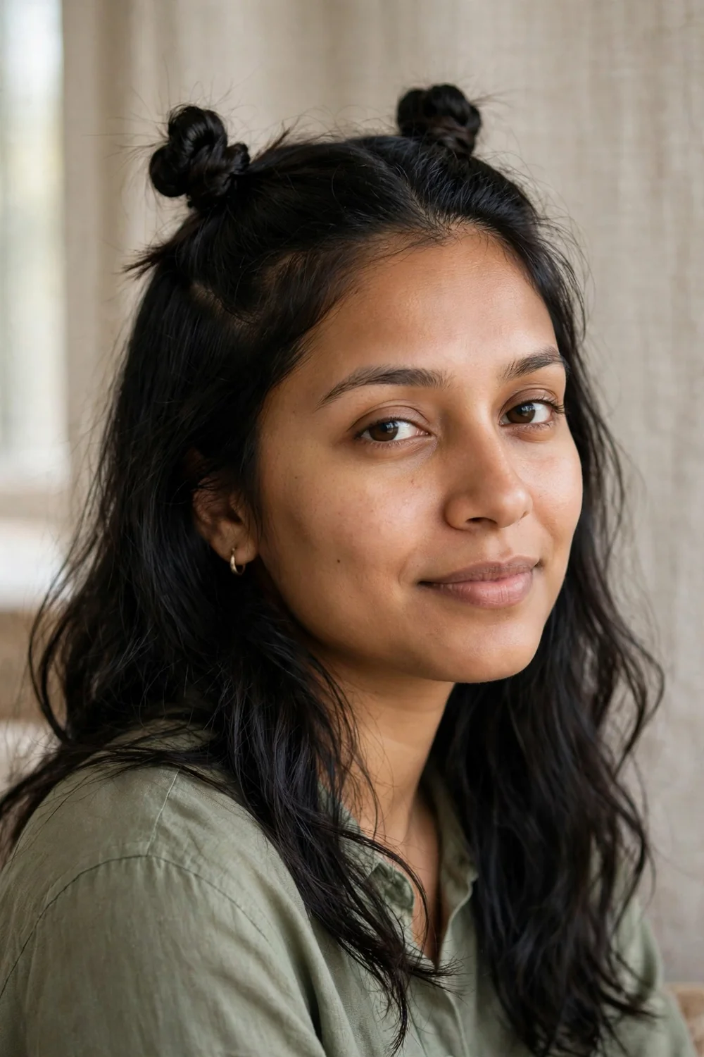 Woman with black medium-length hair in half-up double buns