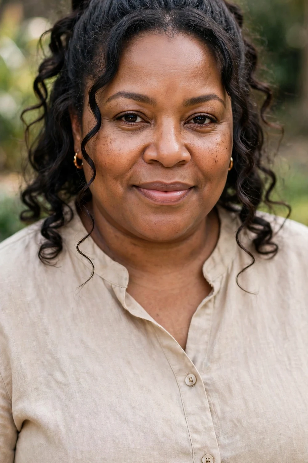 Plus-size Black woman in her mid 40s with a half-up hairstyle and face-framing pieces