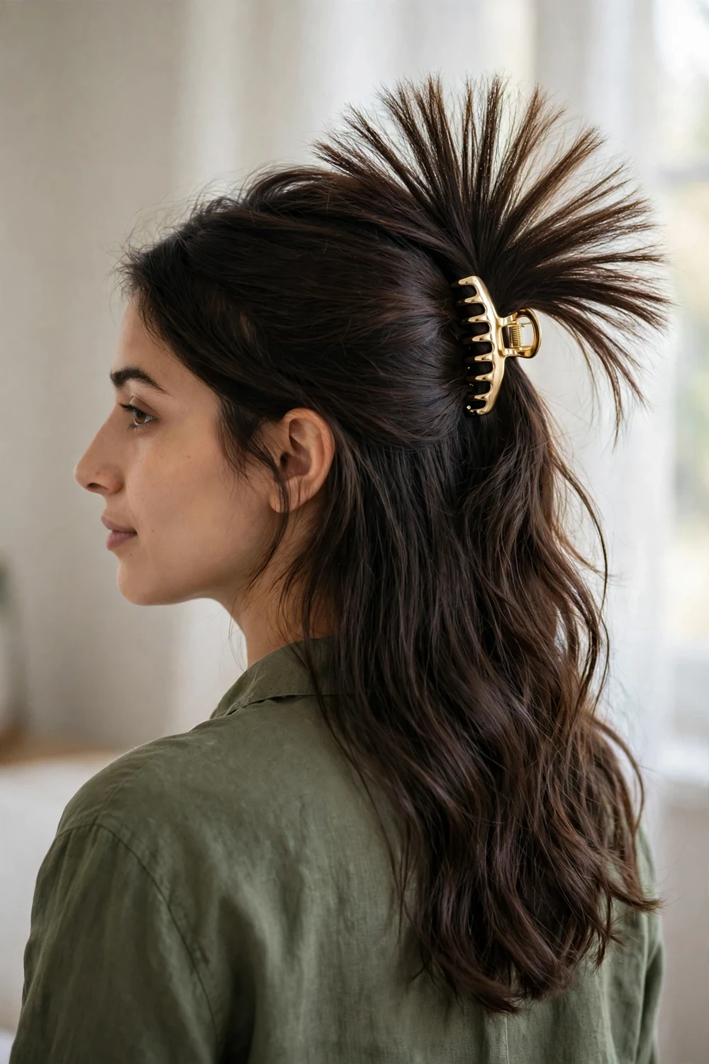 Woman with dark brown medium-length hair in a half-up style fanned out wide over a small gold claw clip