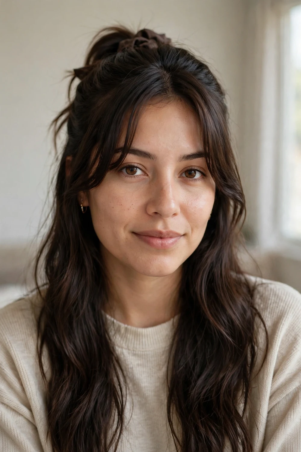 Half-up hairstyle with curtain bangs on fine hair