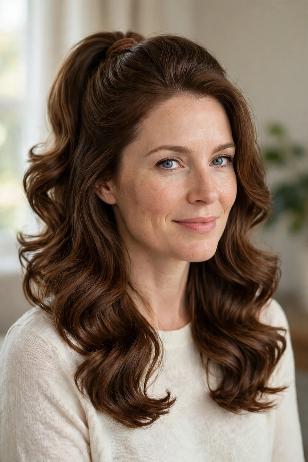 Woman with chestnut brown medium-length hair in a half-up half-down blowout