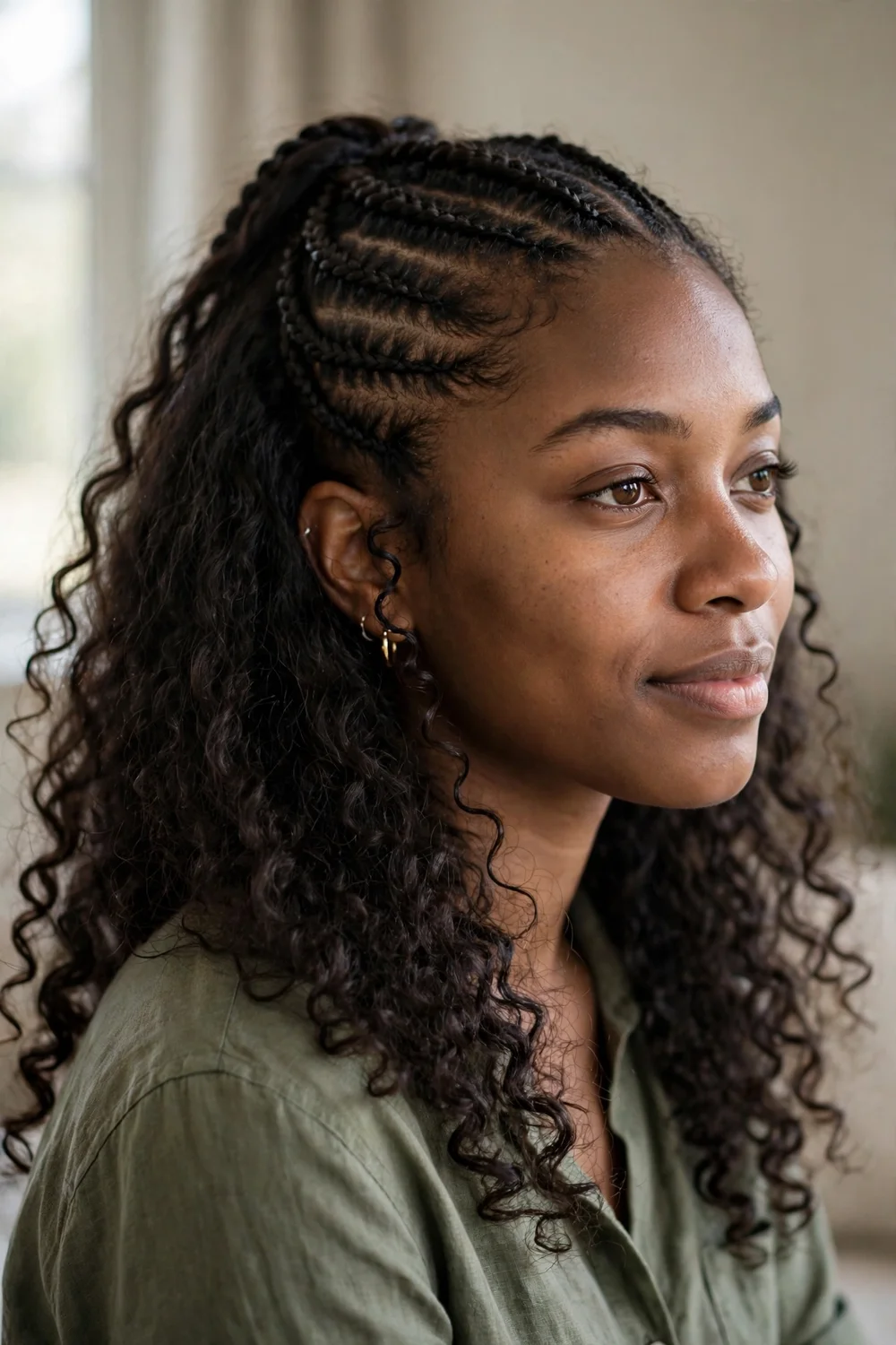 Half-up half-down cornrows with curly hair