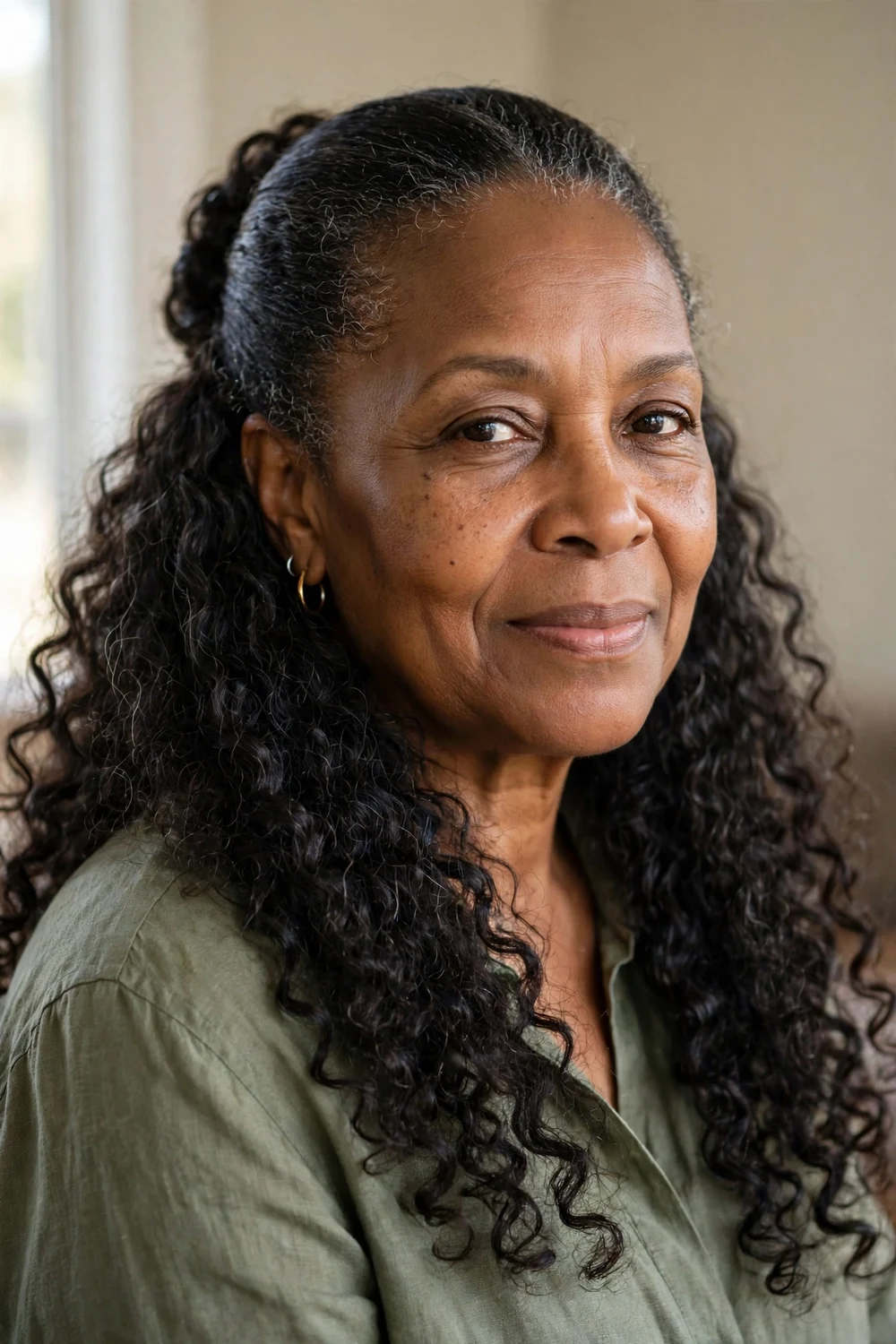 Older Black woman with half-up half-down curls