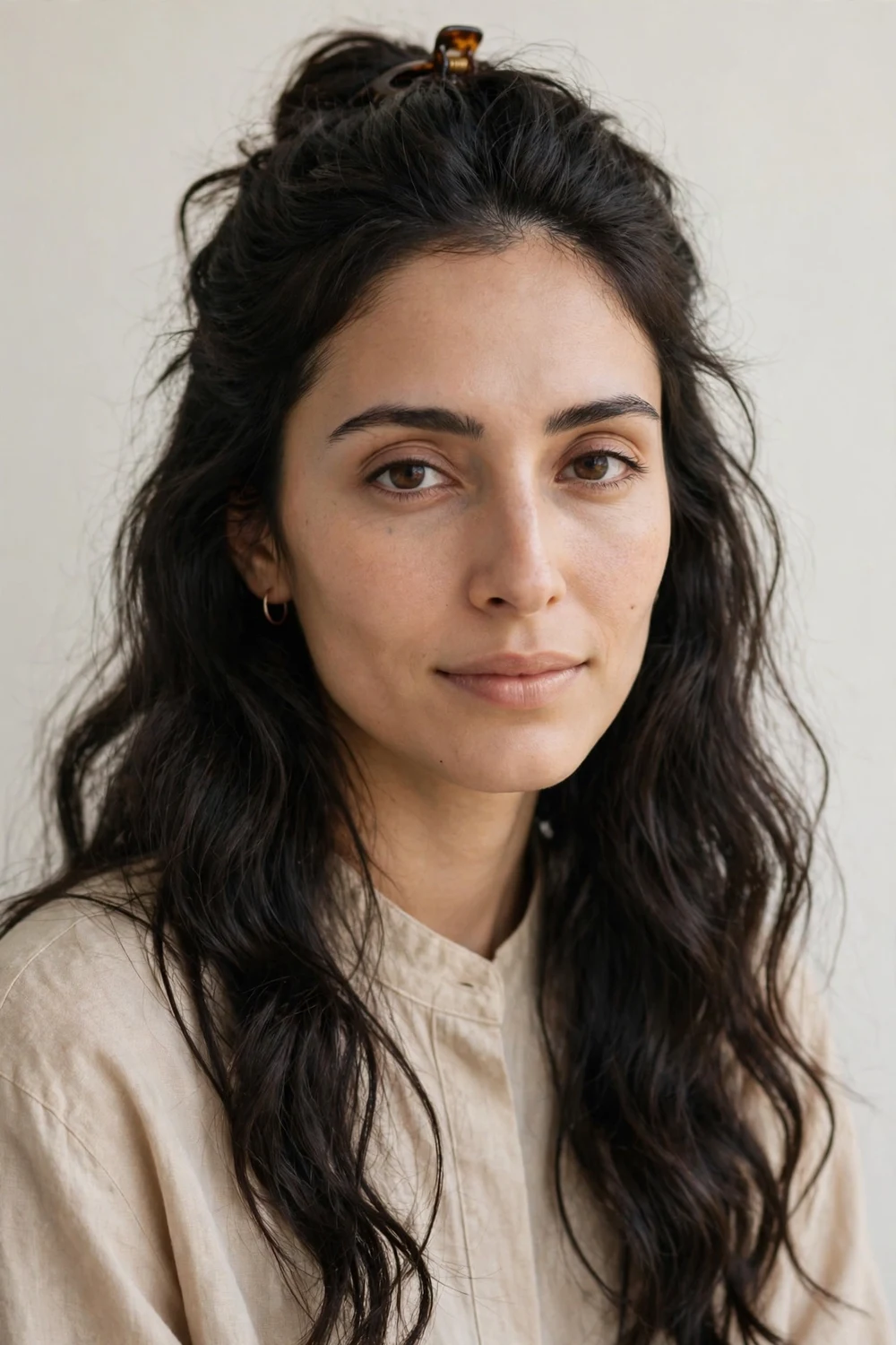 Middle Eastern woman in her late twenties with an oblong face and long dark wavy hair in a half-up half-down style