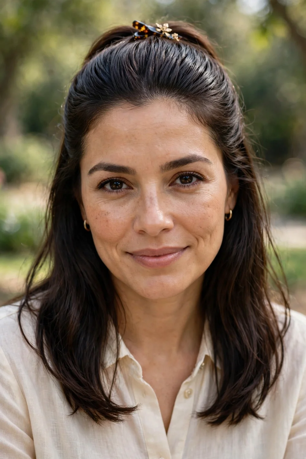 Latina woman with a half-up half-down slick back hairstyle, top section pinned back with a decorative clip