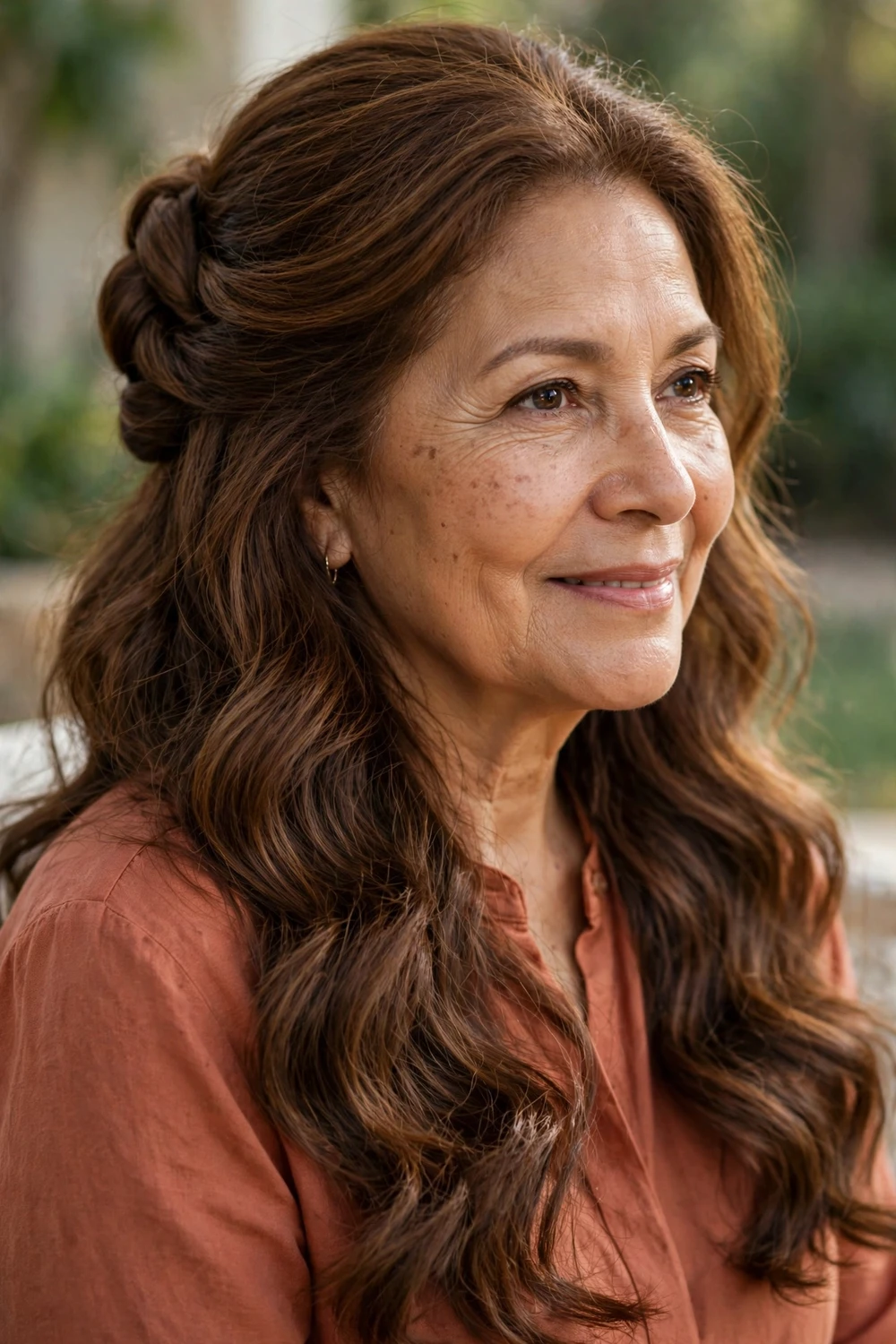 Woman in her early 70s with half-up half-down twist, three-quarter view