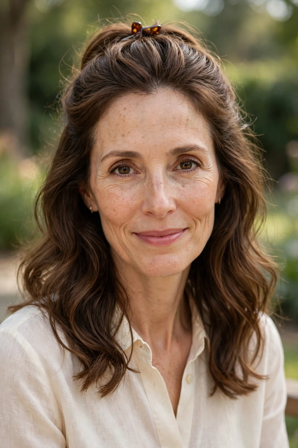 Woman with a long oval face wearing a half-up half-down hairstyle with soft waves and side volume