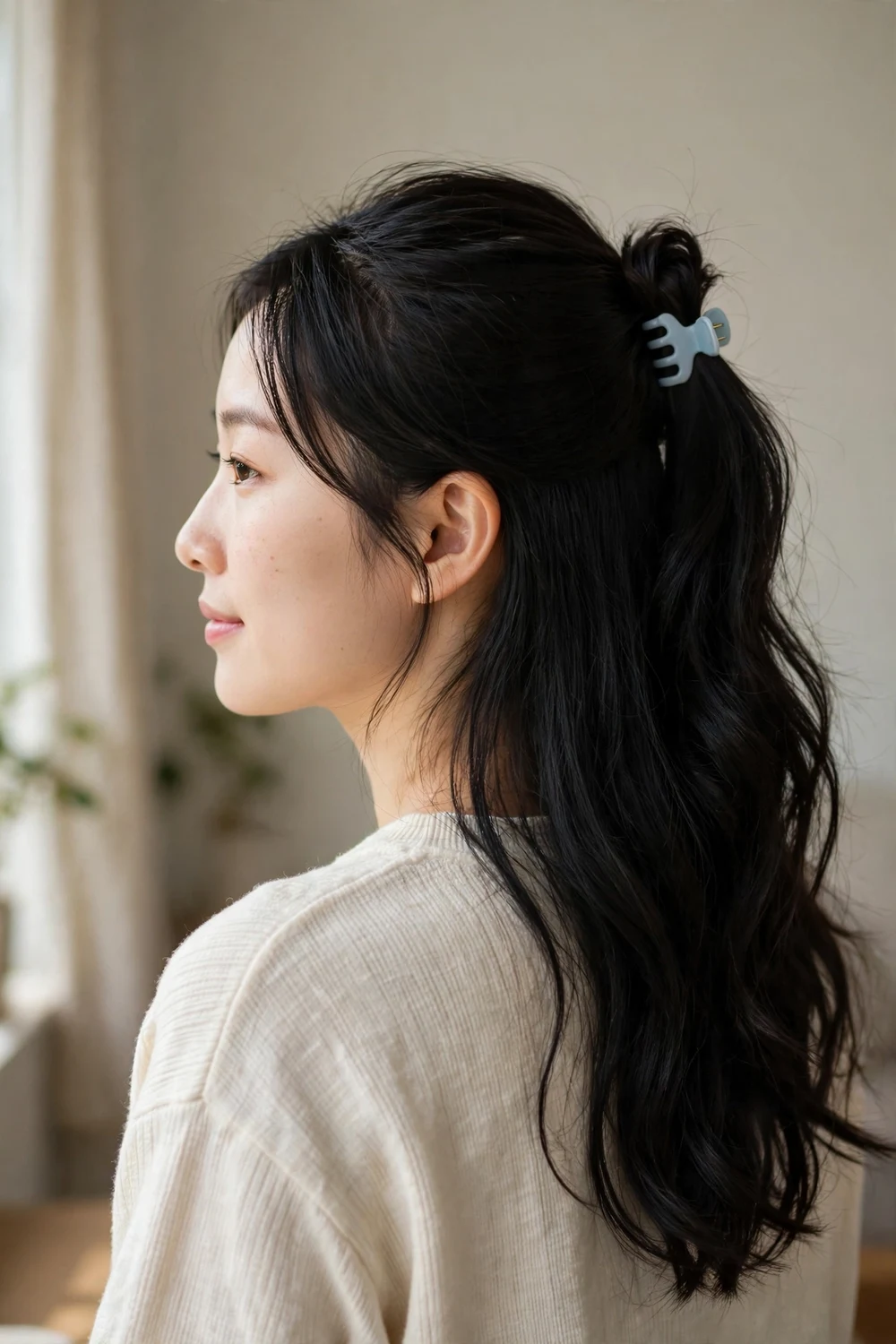 Woman with black long hair in a half-up ponytail held at the base with a small pastel blue claw clip