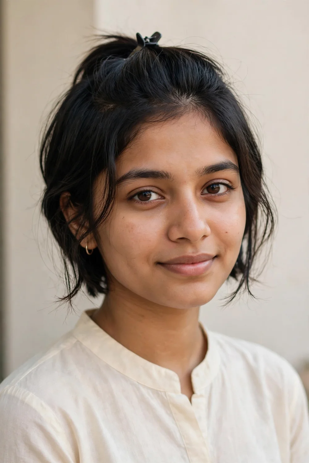Young woman with a half-up short hairstyle