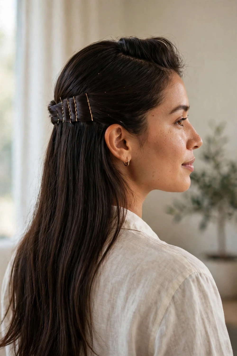 Half-up hairstyle with subtle lift for thin fine hair