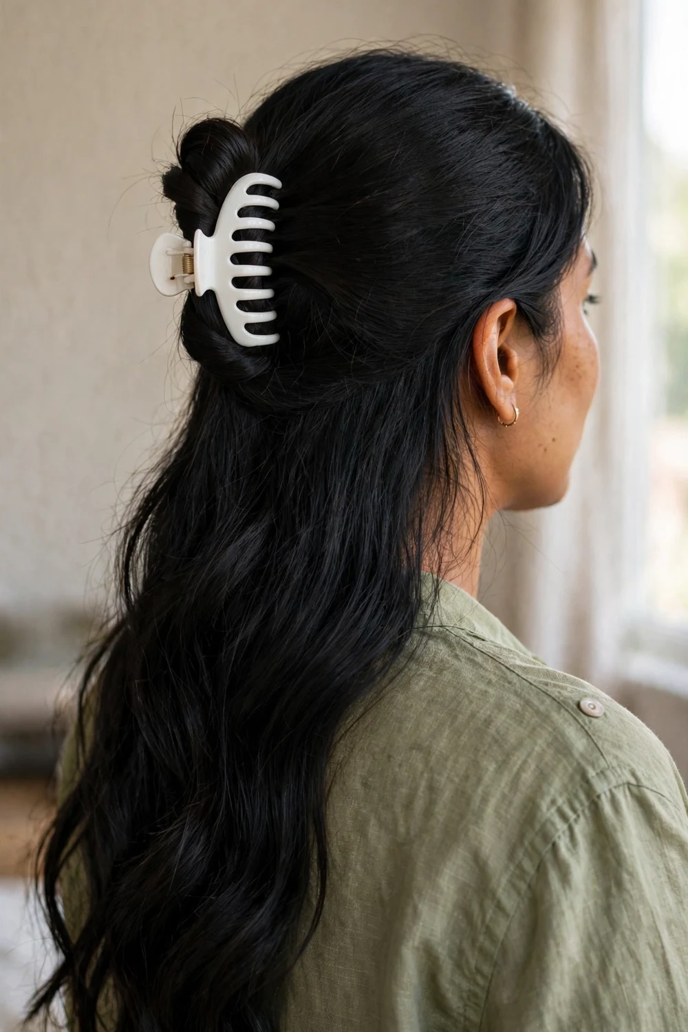 Woman with black long hair in a half-up style with the top section twisted and secured by a medium white claw clip