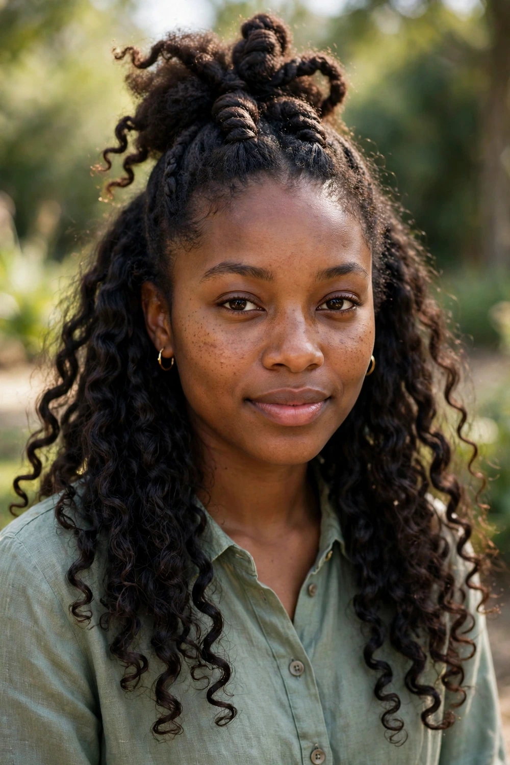 Black woman with a half-up twist-out puff, top section gathered, curls out below
