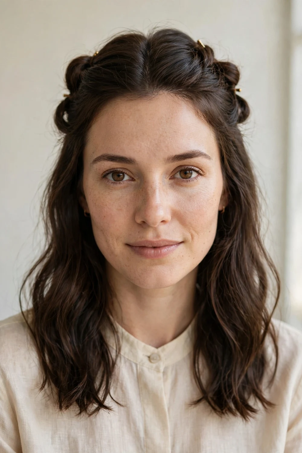 Young woman with dark brown medium hair in a half-up twisted hairstyle, top sections twisted back and pinned with small gold pins while the rest flows down