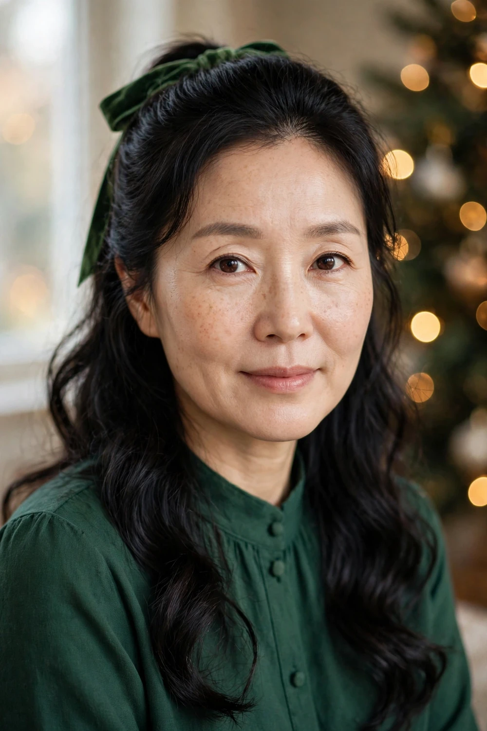 Woman with half-up waves tied with plaid satin ribbon