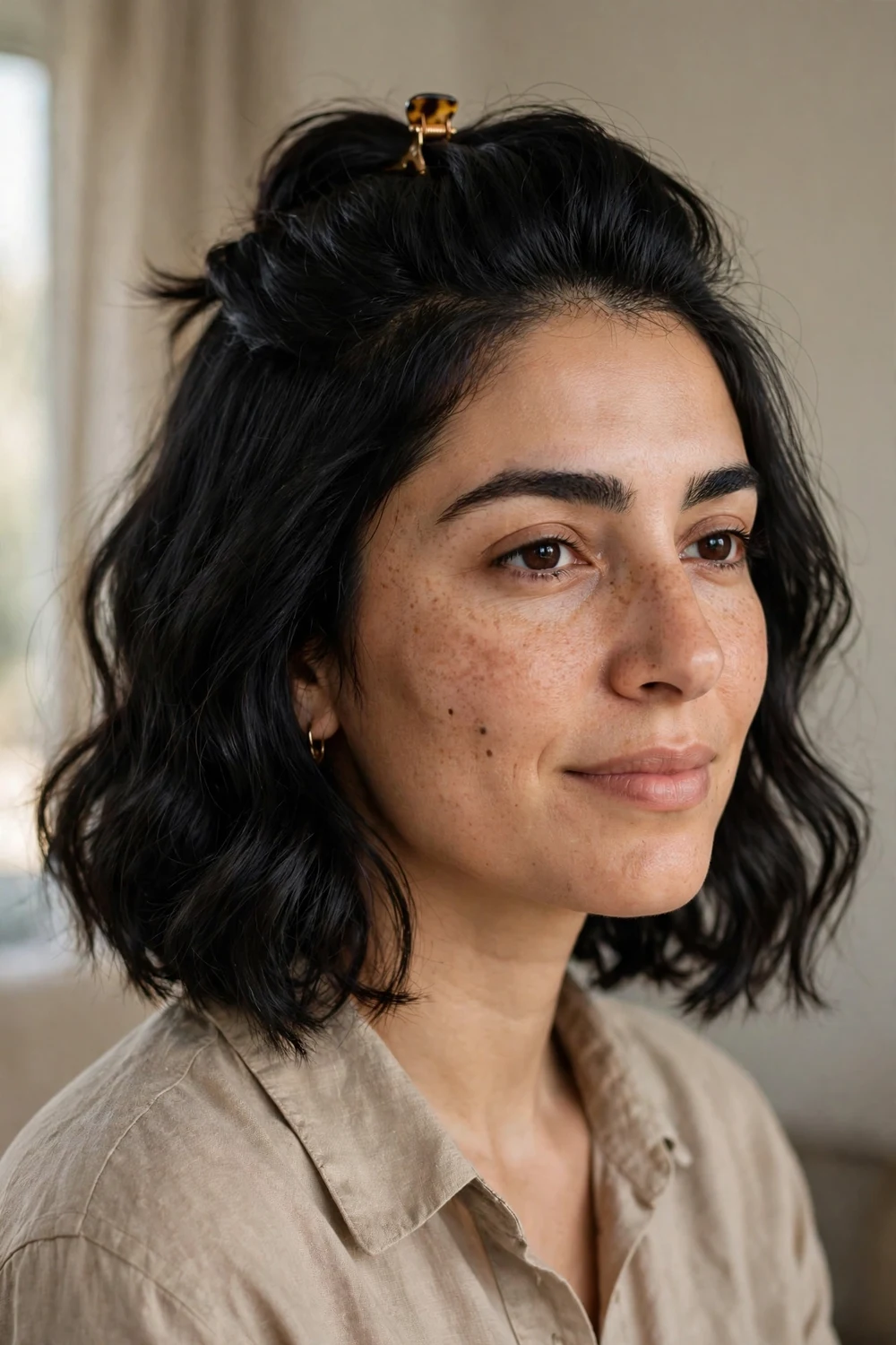 Woman with a wavy bob styled half-up