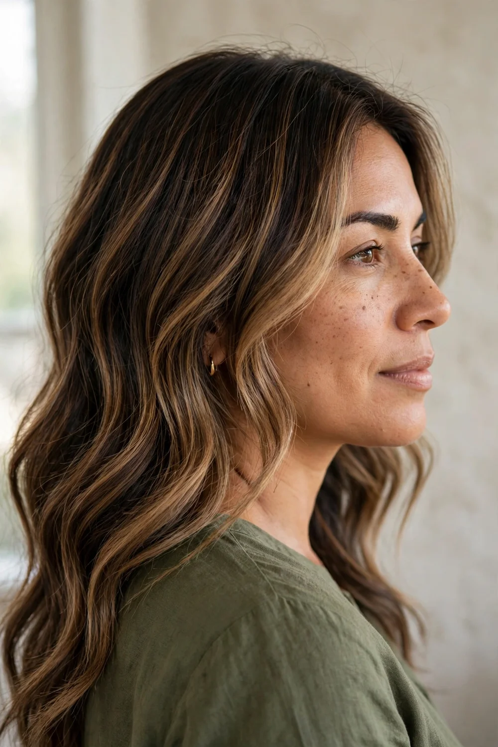 Woman with dark brown wavy hair and soft hazelnut balayage tones