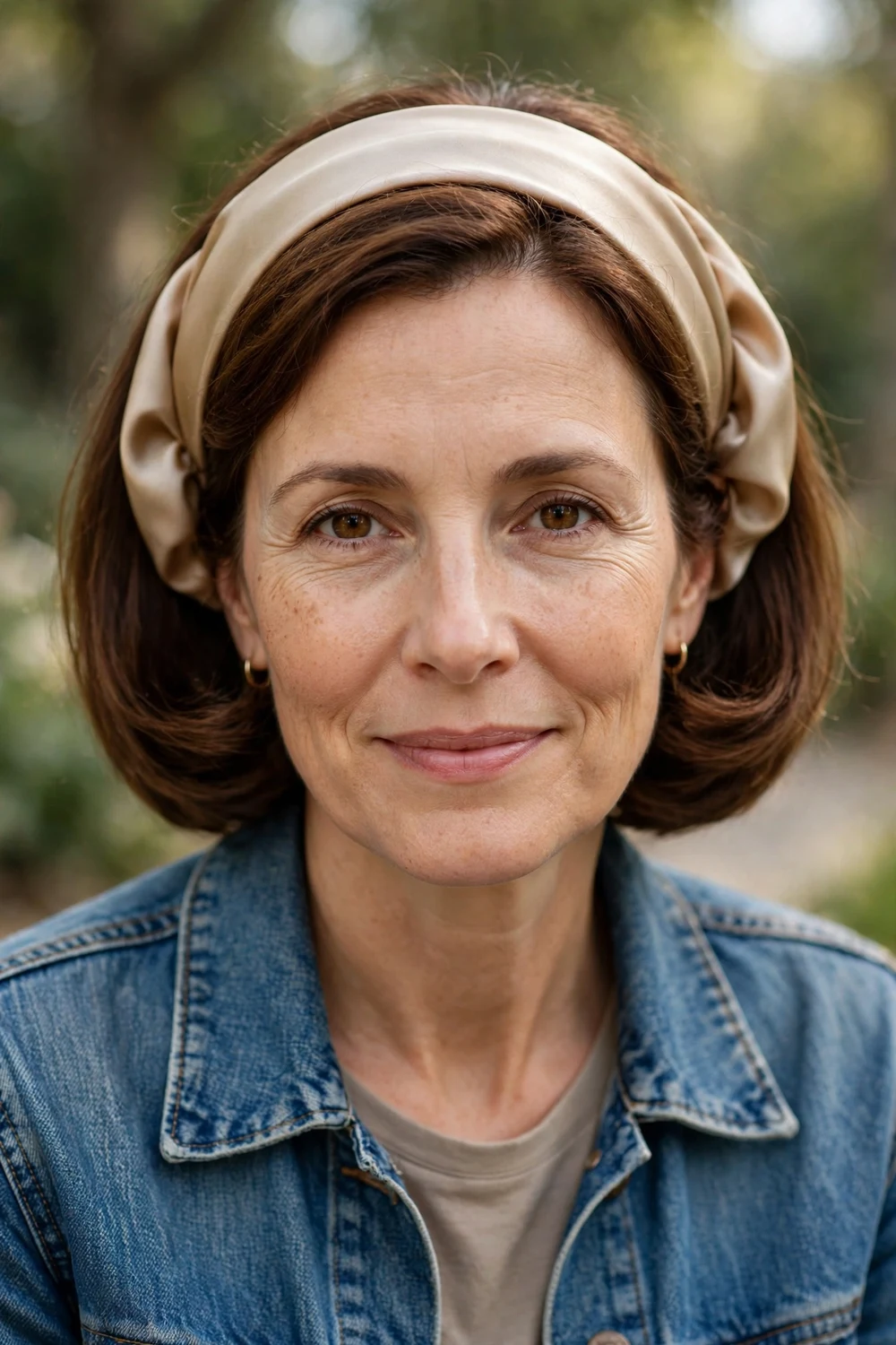 Woman with a long oval face wearing a faux bob tucked under a wide satin headband with side volume