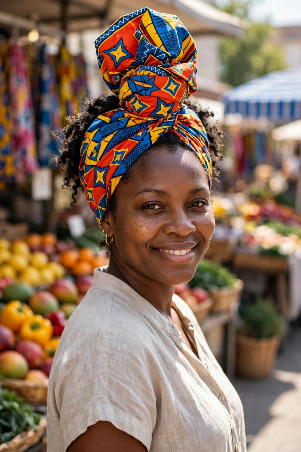 Woman wearing a colorful headwrap tied in a top bow