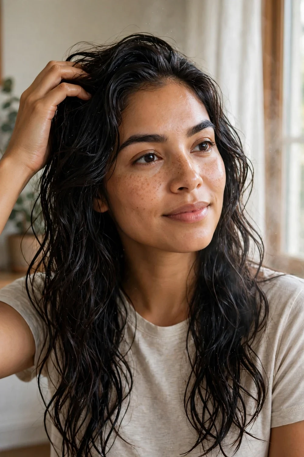 Latina woman with shiny moisturized long dark hair after a steam treatment