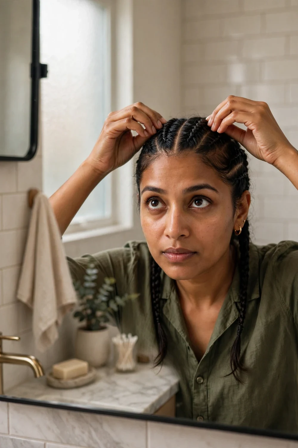 Woman with braids parting her hair to check her scalp health in a mirror