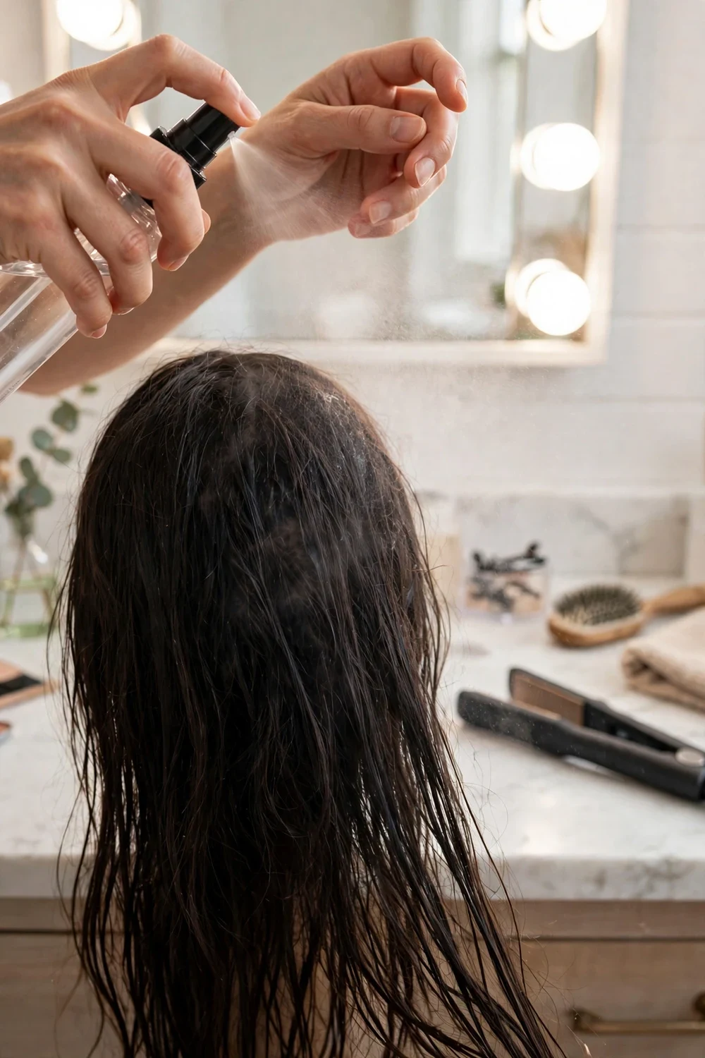 Hands spraying heat protectant onto steamed hair before using hot styling tools
