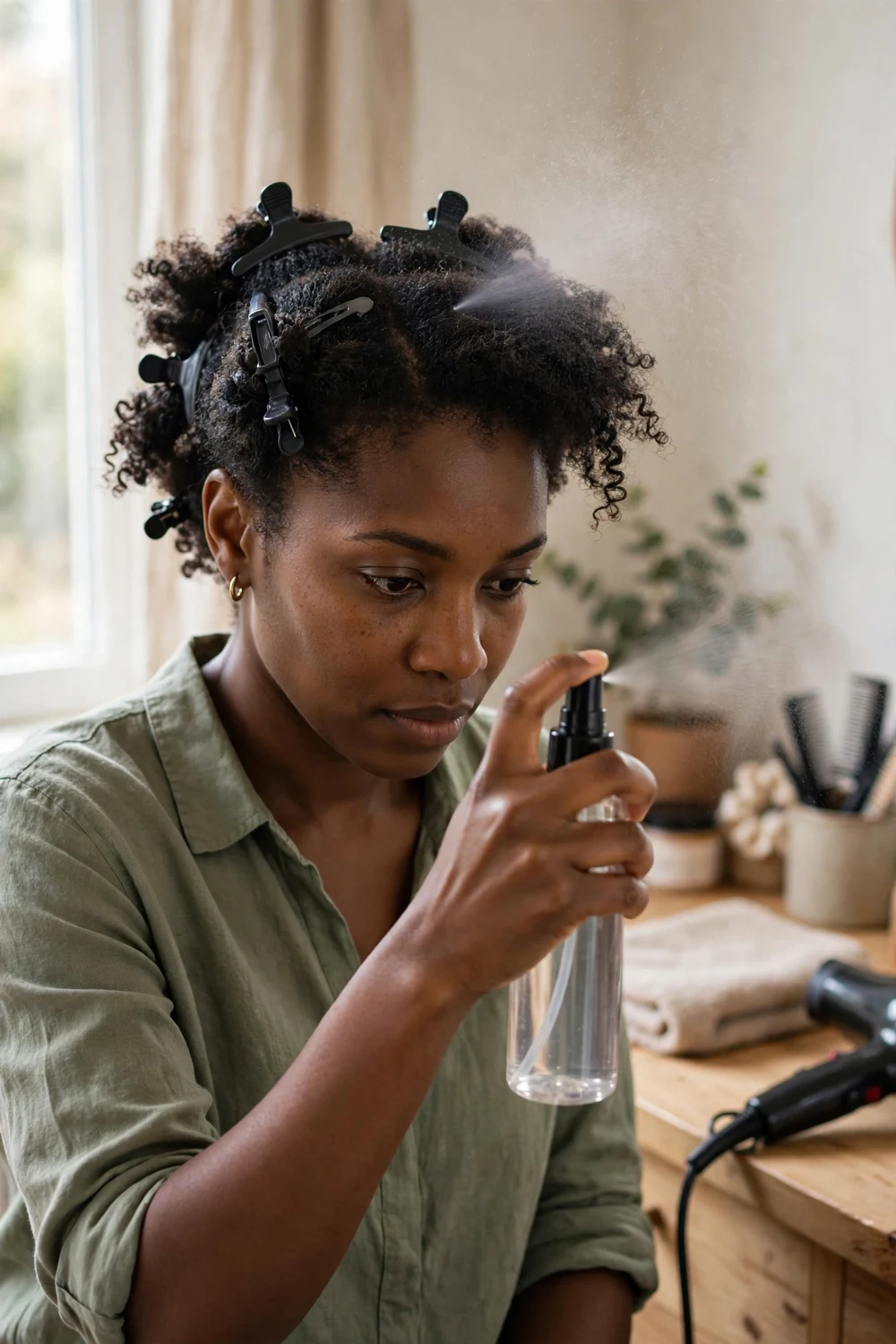 Woman misting heat protectant spray onto her hair before blow-drying