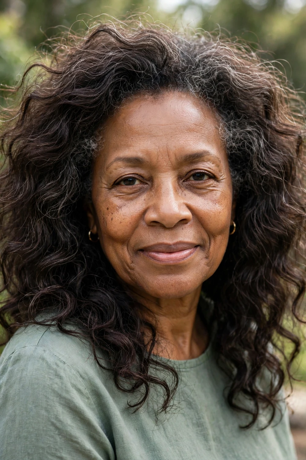 Woman in her early 70s with air-dried defined waves, no heat styling, front view