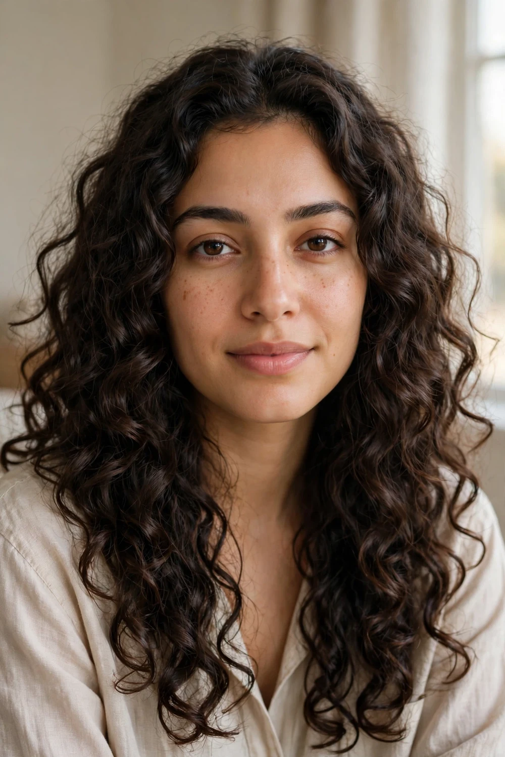 Woman with dark brown long hair in soft heatless overnight curls