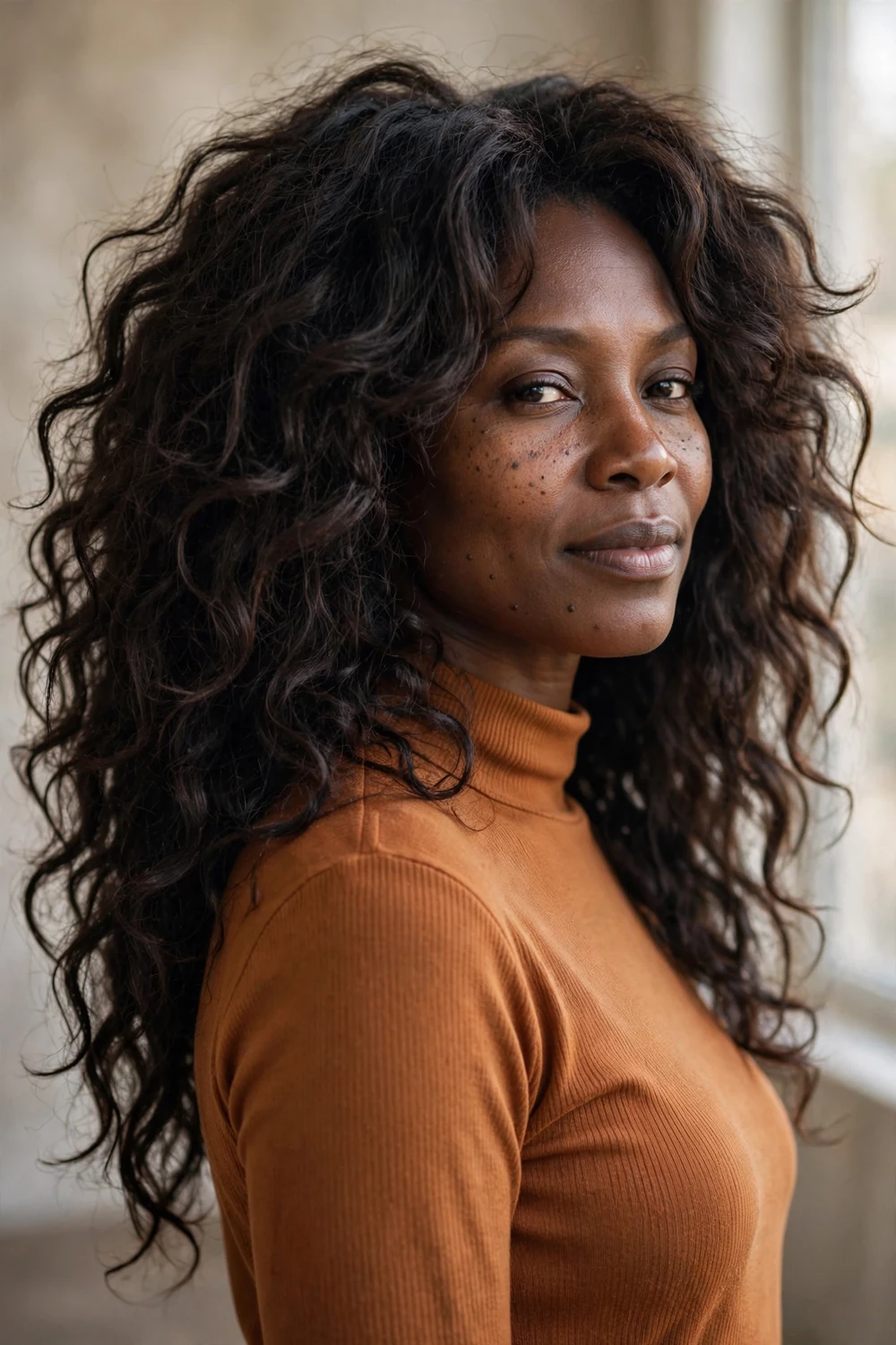 Woman with very thick hair wearing a debulking long shag haircut, interior weight removed while keeping visible length