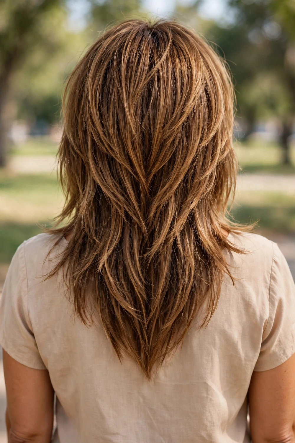 Back view of a long shag haircut showing a U-cut hemline shape with layered ends