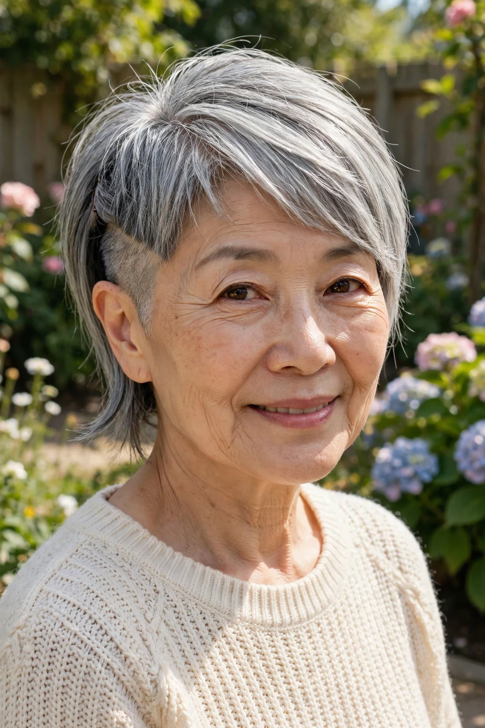 East Asian woman in her late 60s with a silver pixie, one side lifted to reveal a hidden shaved undercut beneath the longer top