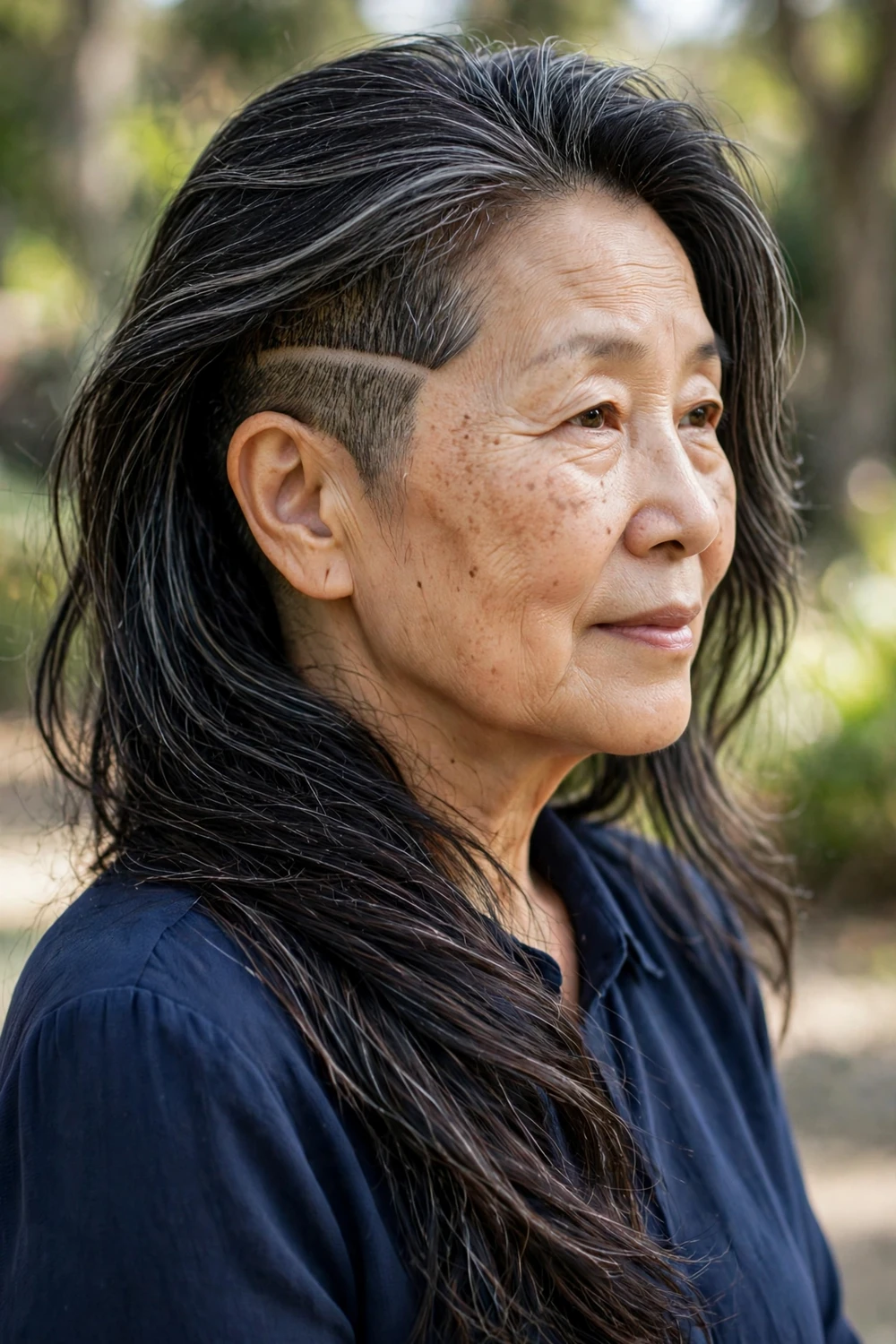 Woman in her 60s with long thick hair revealing hidden undercut panel, back view