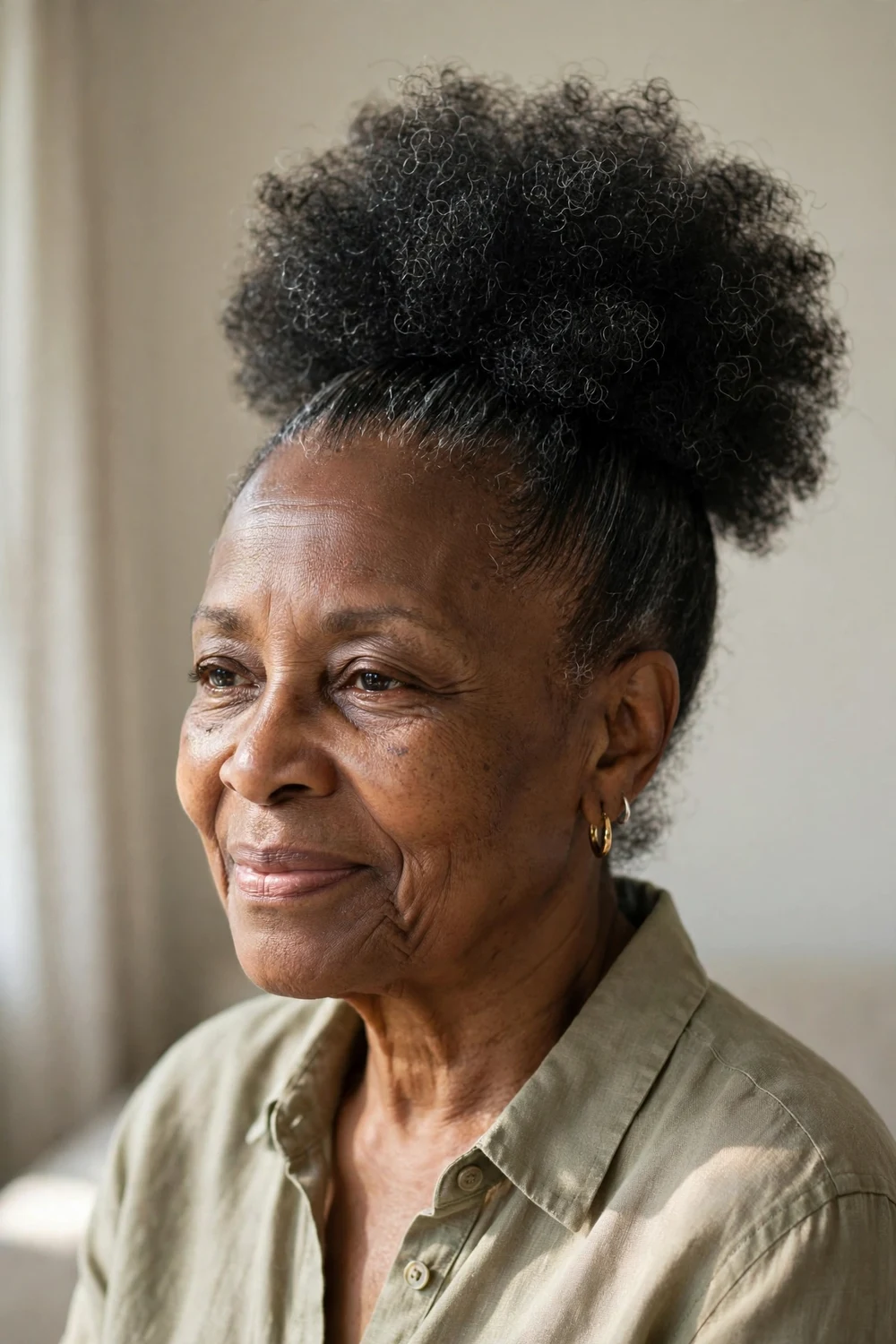 Older Black woman with a high afro puff