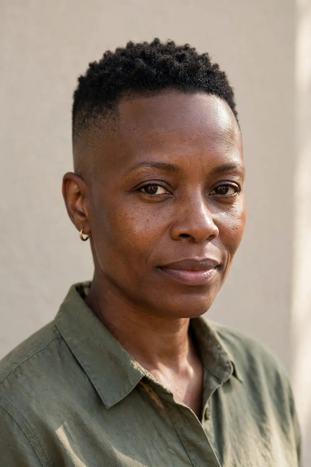Black woman with a high bald fade, sharp transition and short textured top