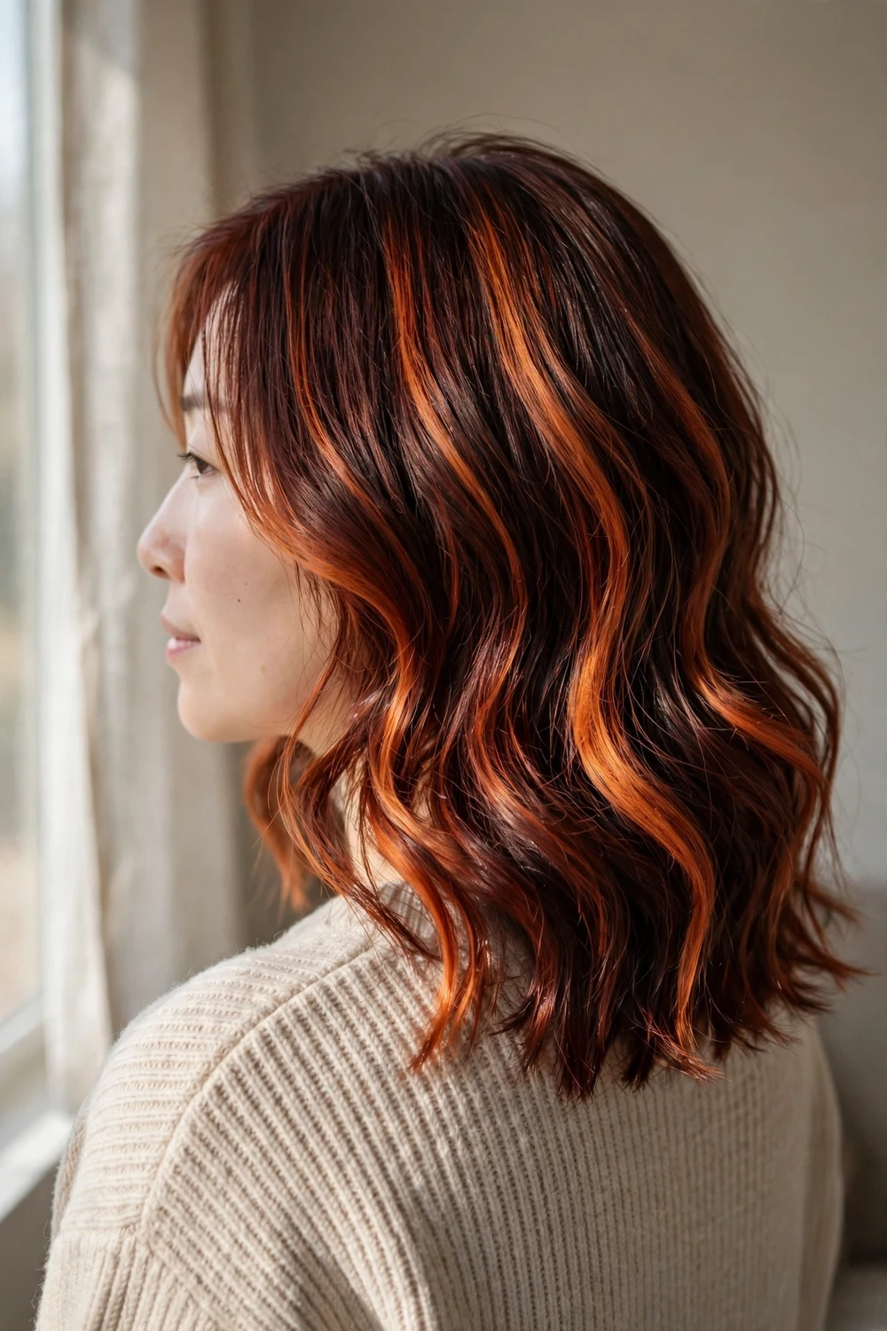 High-contrast cowboy copper balayage with dark base and bright pieces