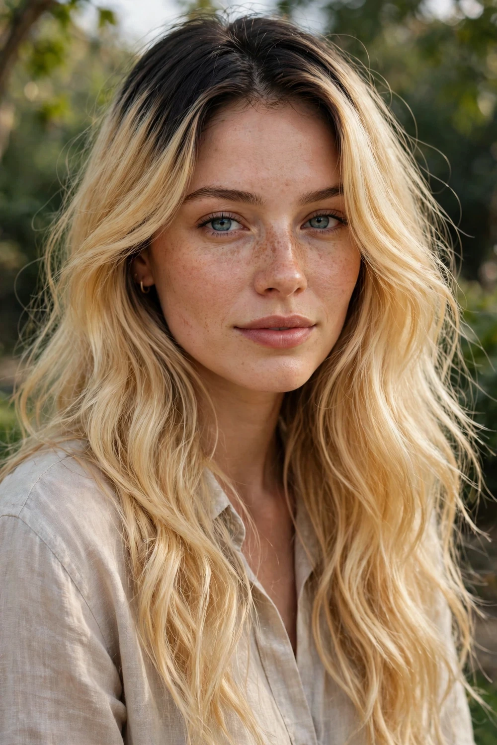 Long golden blonde hair with near-black dark roots and soft waves