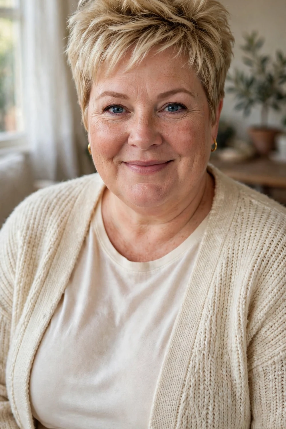 Plus-size white woman in her mid 40s with a pixie with height and volume at the crown
