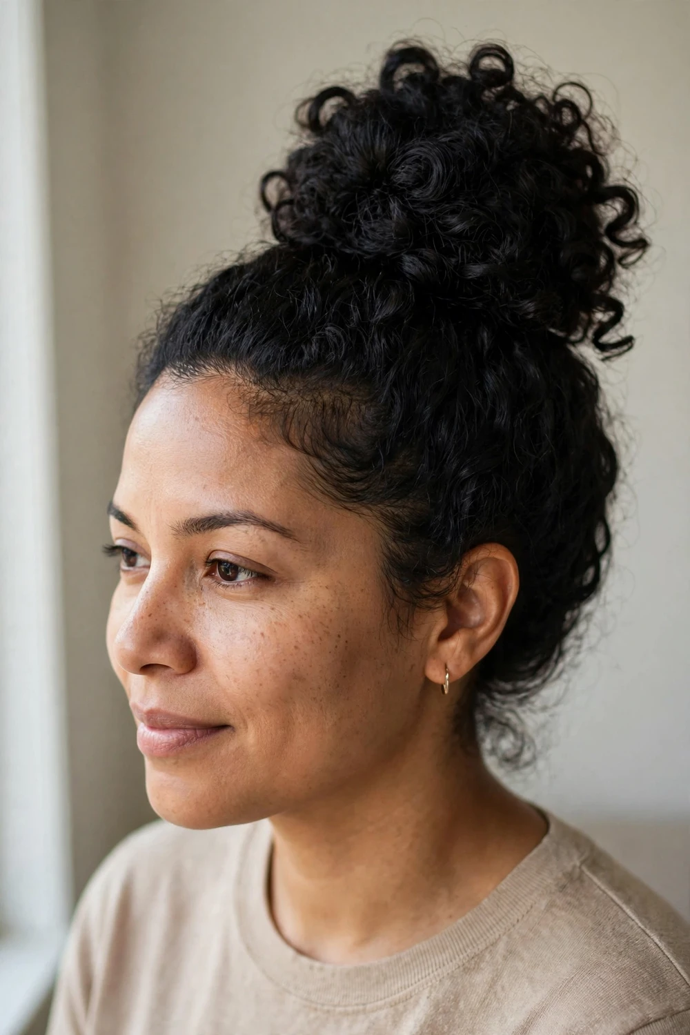 Woman with a high curly bun on thick hair