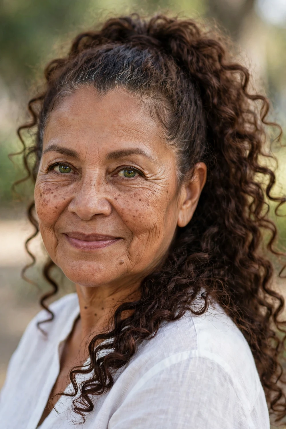 High textured curly ponytail on second-day curls of older woman