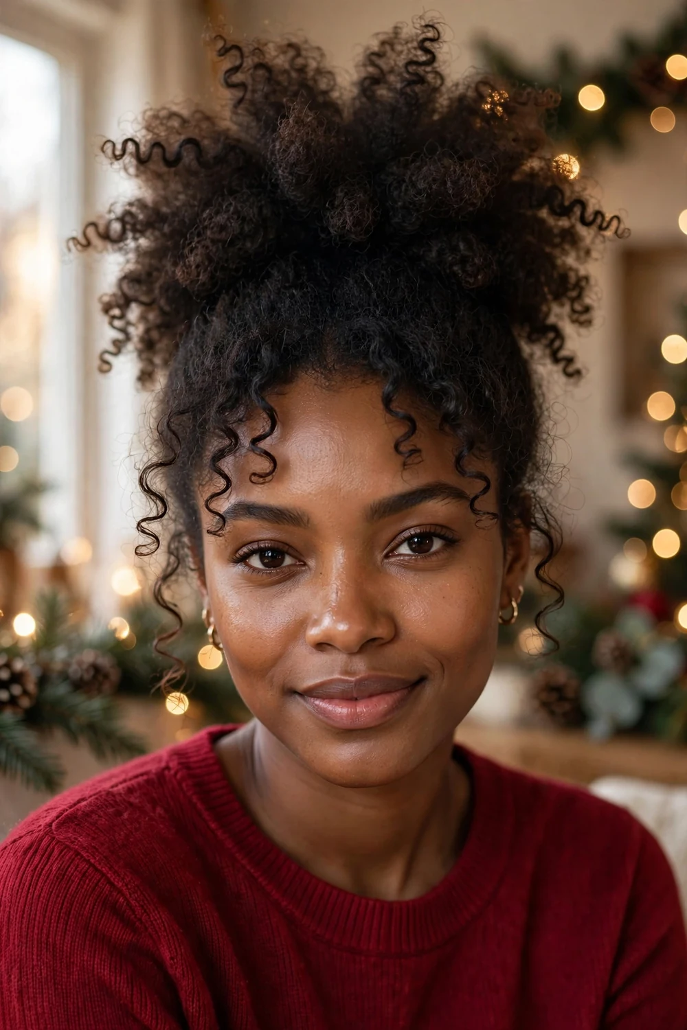 Woman with lifted curly puff updo showing natural texture